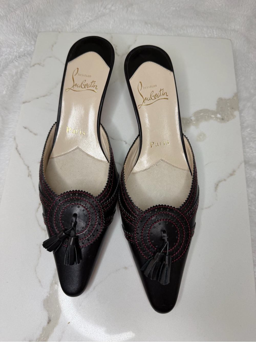 Christian Louboutin Black Leather Pointed Tassel Mules